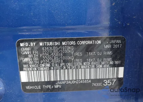 2017 Mitsubishi Outlander Sport 2.0 Es/2.0 Le z USA, uszkodzony, nr VIN JA4AP3AU0HZ045654